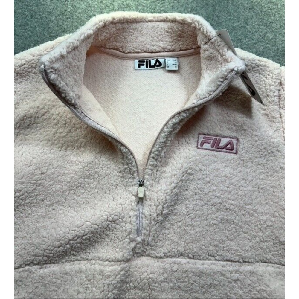 FILA S Pullover Size‎ Large Sherpa Teddy Pink 1/4 Zip Embroidered Logo Front NWT